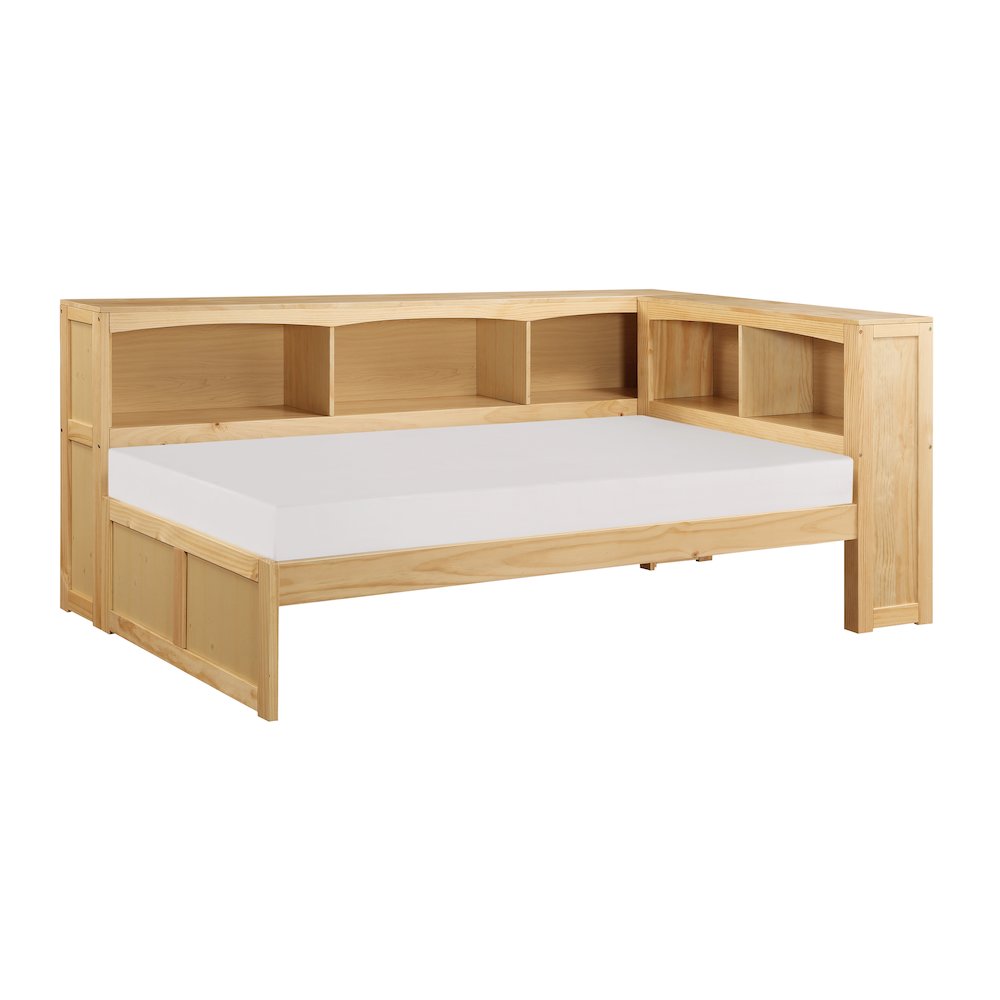 Bartly Pine Twin Bookcase Corner Bed in Natural Pine. Picture 1