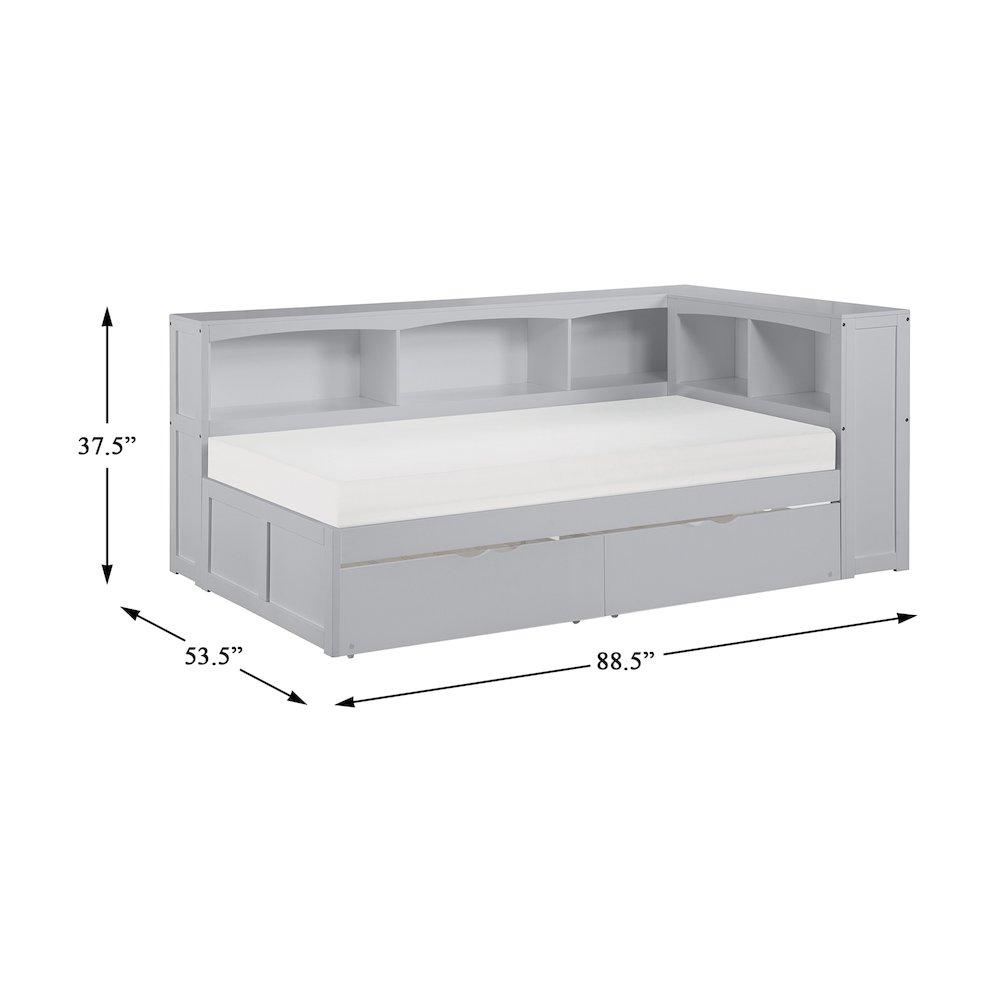Orion Pine Twin Bookcase Corner Bed with Storage Boxes in Gray. Picture 3