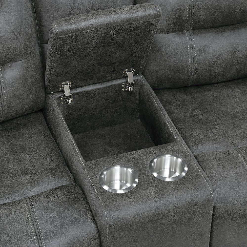 Oberon Microfiber Double Reclining Love Seat in Dark Gray. Picture 8