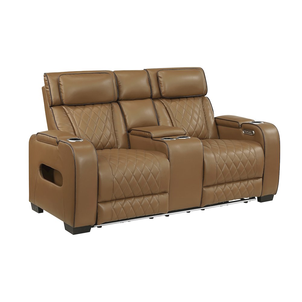 Fairway Faux Leather Power Double Reclining Love Seat in Brown. Picture 1