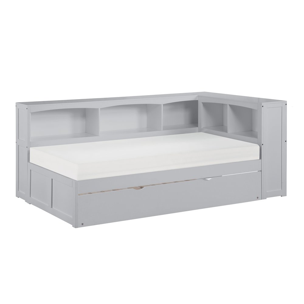 Orion Pine Twin Bookcase Corner Bed with Twin Trundle in Gray. Picture 1