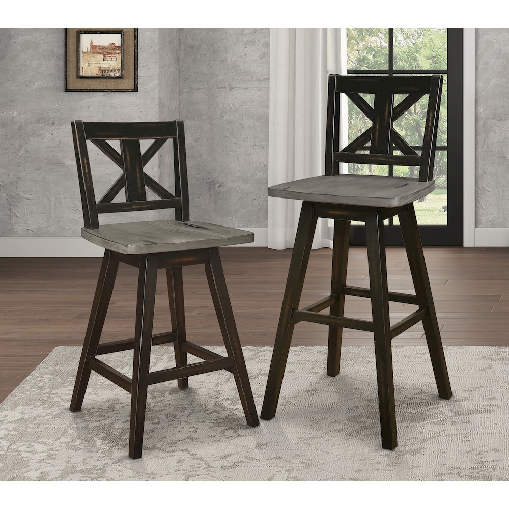 Amsonia Solid Wood Swivel Pub Height Chair, set of 2 in Gray and Black. Picture 2