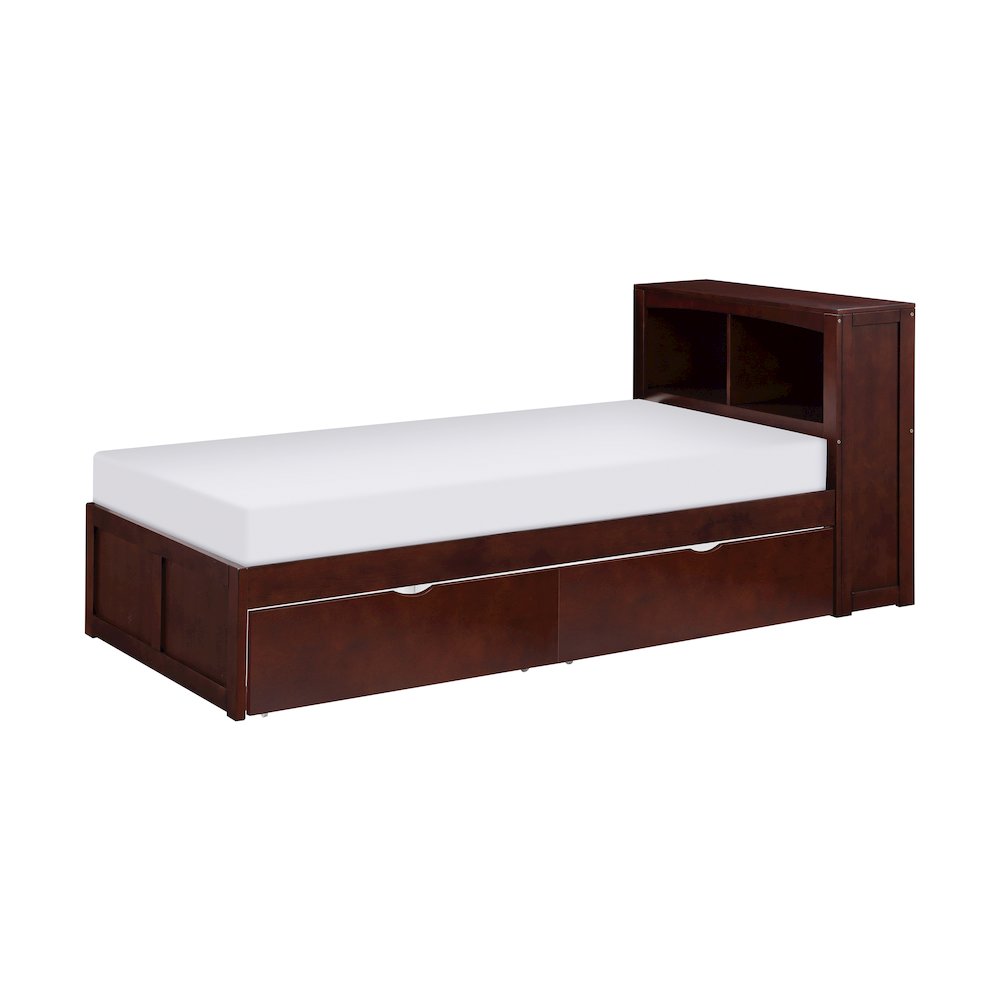 Rowe Pine Twin Bookcase Bed with Storage Boxes in Dark Cherry. Picture 1