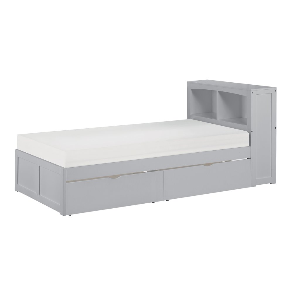 Orion Pine Twin Bookcase Bed with Storage Boxes in Gray. Picture 1