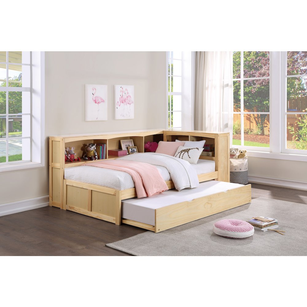 Bartly Pine Twin Bookcase Corner Bed with Twin Trundle in Natural Pine. Picture 2