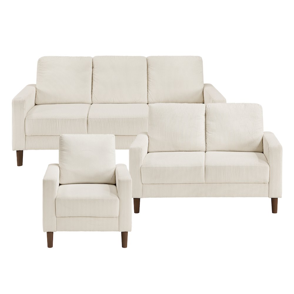 Crandall Corduroy 3pc Set: Sofa, Loveseat, Chair in Beige. Picture 3