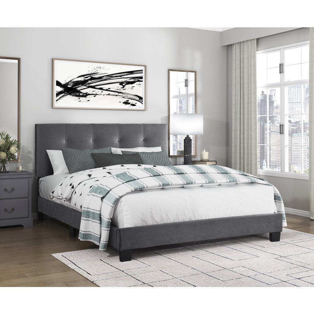 Newberry Velvet Queen Platform Bed, Dark gray color in Dark gray. Picture 2