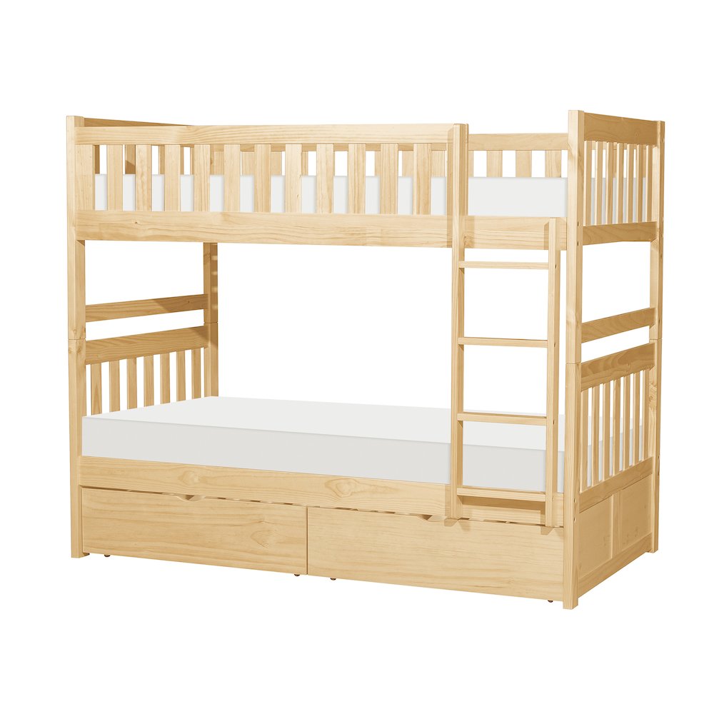 Bartly Pine Twin over Twin Bunk Bed with Storage Boxes in Natural Pine. Picture 1