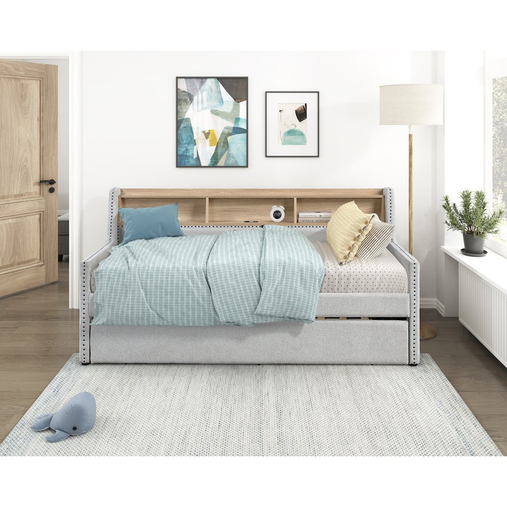 Baxter Textured Daybed with Trundle in Light Gray. Picture 4