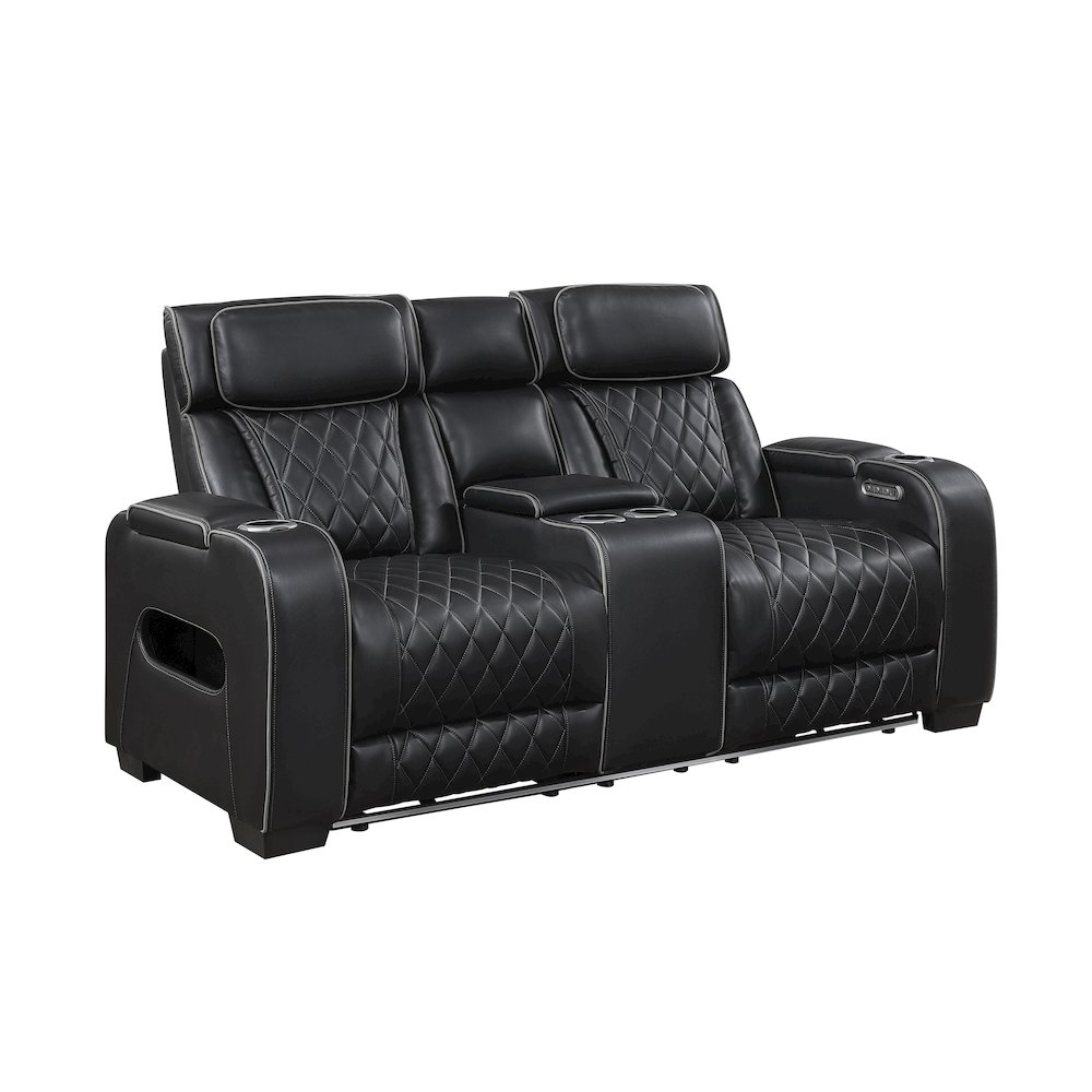 Fairway Faux Leather Power Double Reclining Love Seat in Black. Picture 1