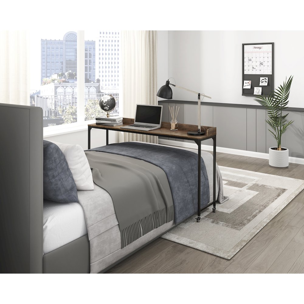 Sumter Faux Wood Over-The-Bed Desk in Rustic and Black Metal Finish. Picture 2
