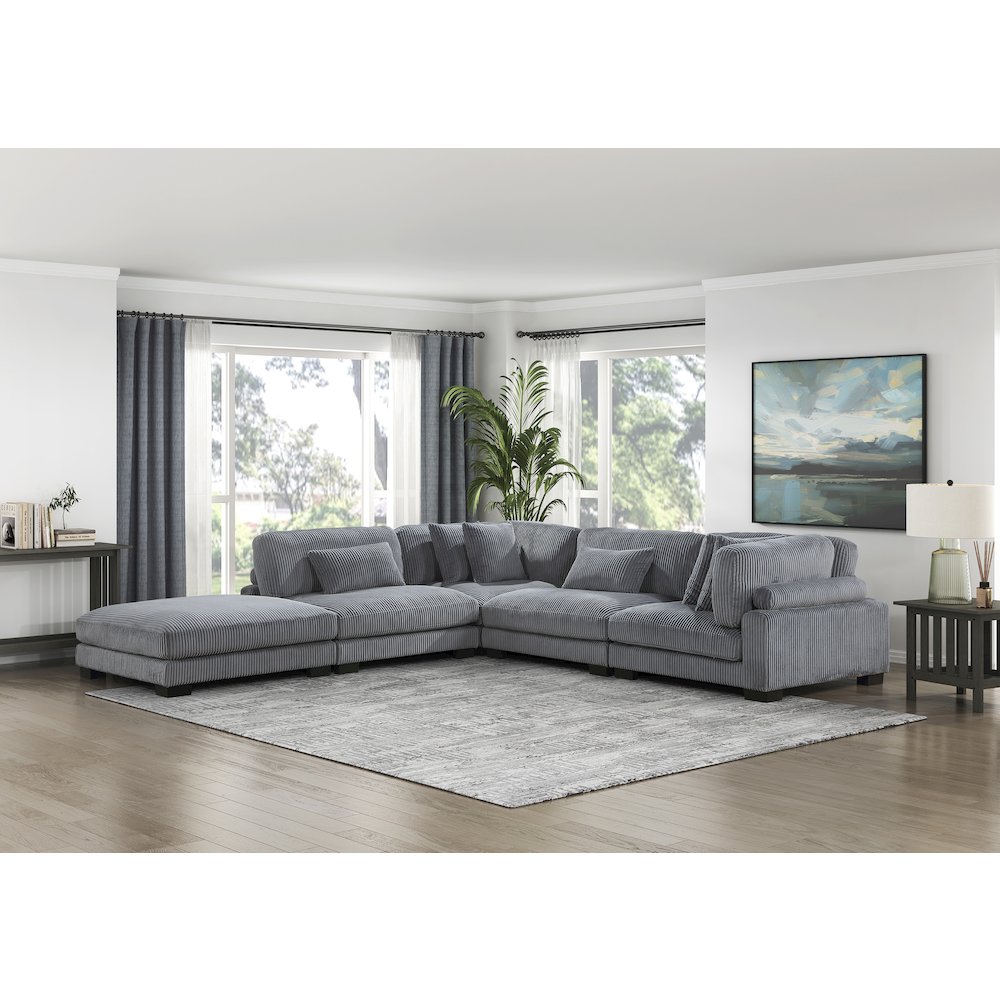 Traverse Corduroy 5-Piece Modular Sectional with Ottoman in Gray. Picture 3