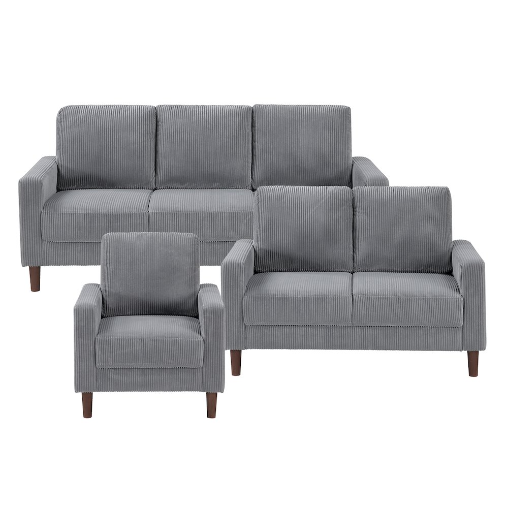 Crandall Corduroy 3pc Set: Sofa, Loveseat, Chair in Gray. Picture 3