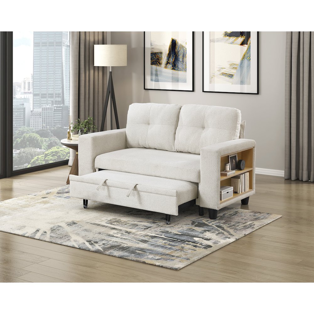 Robinson Boucle Love Seat with Pull-out Bed, Shelves in Beige. Picture 5