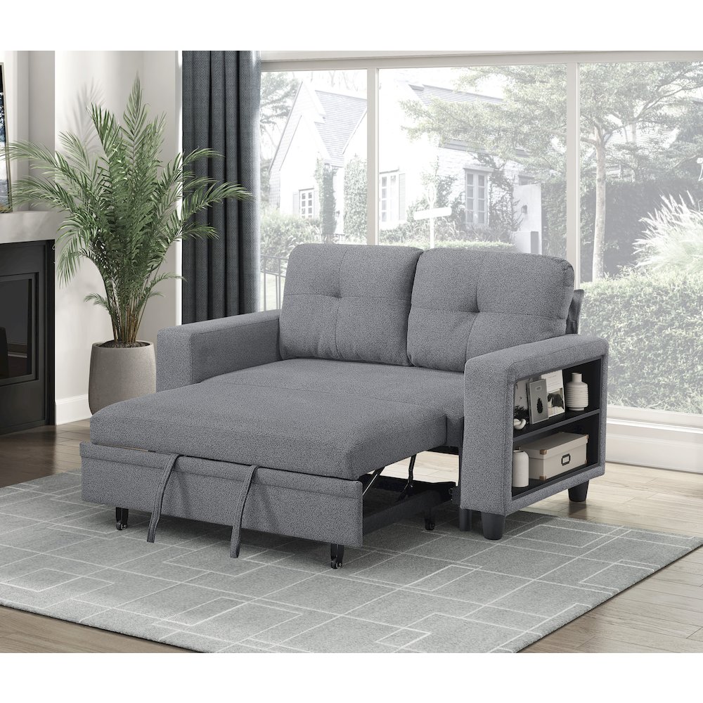Robinson Boucle Love Seat with Pull-out Bed, Shelves in Gray. Picture 7