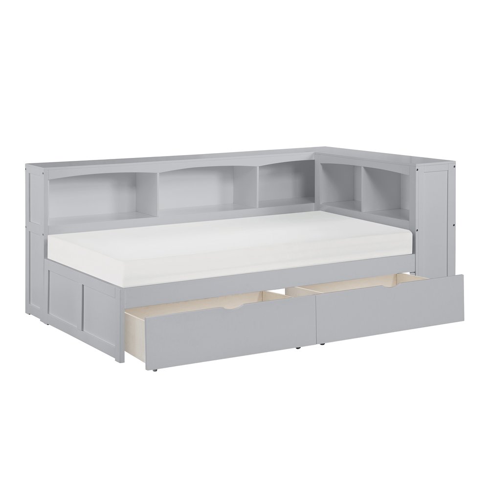 Orion Pine Twin Bookcase Corner Bed with Storage Boxes in Gray. Picture 5