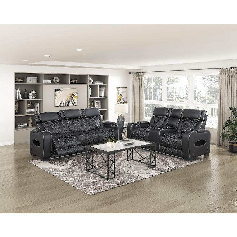Fairway Faux Leather Power Double Reclining Love Seat in Black. Picture 3