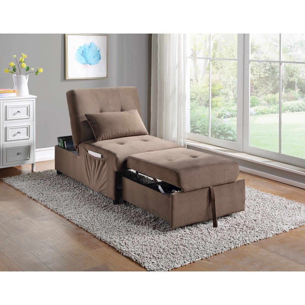 Garrell Velvet Storage Bench with Pull-Out Ottoman in Brown. Picture 5