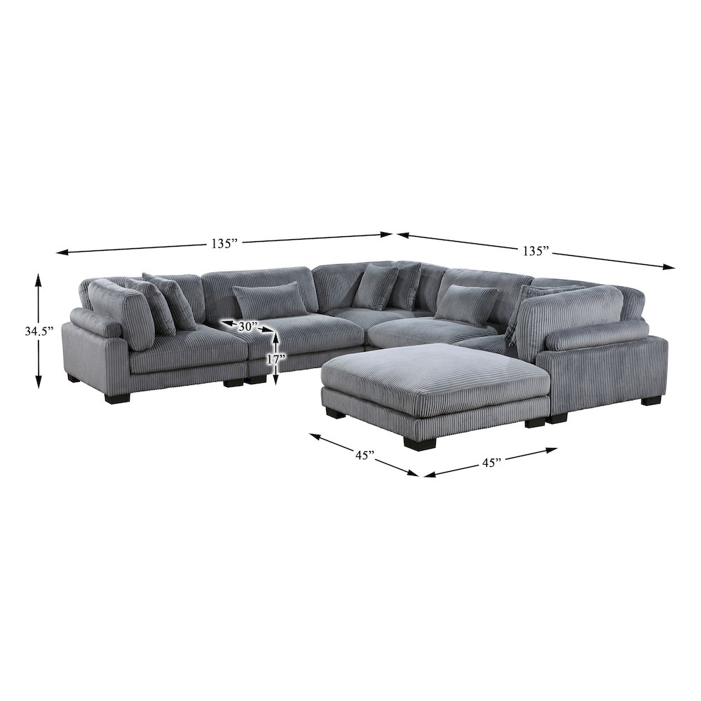 Traverse Corduroy 6-Piece Modular Sectional with Ottoman in Gray. Picture 5