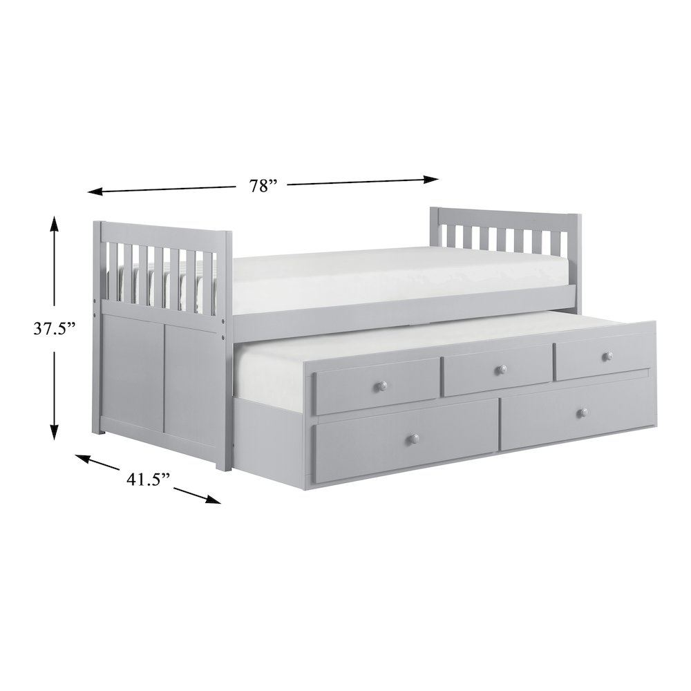 Orion Pine Twin Over Twin Trundle Bed with two Storage Drawers in Gray. Picture 7