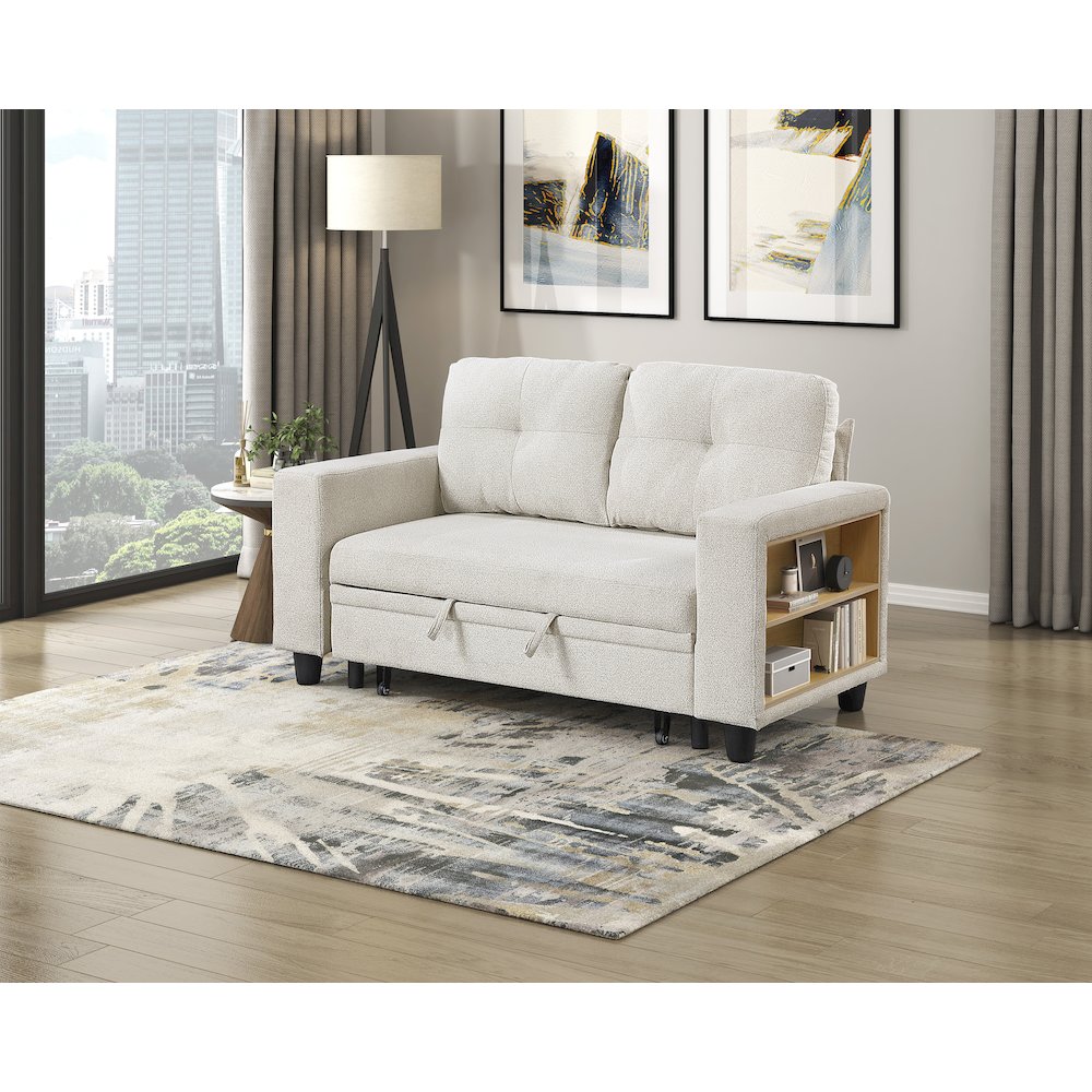 Robinson Boucle Love Seat with Pull-out Bed, Shelves in Beige. Picture 3