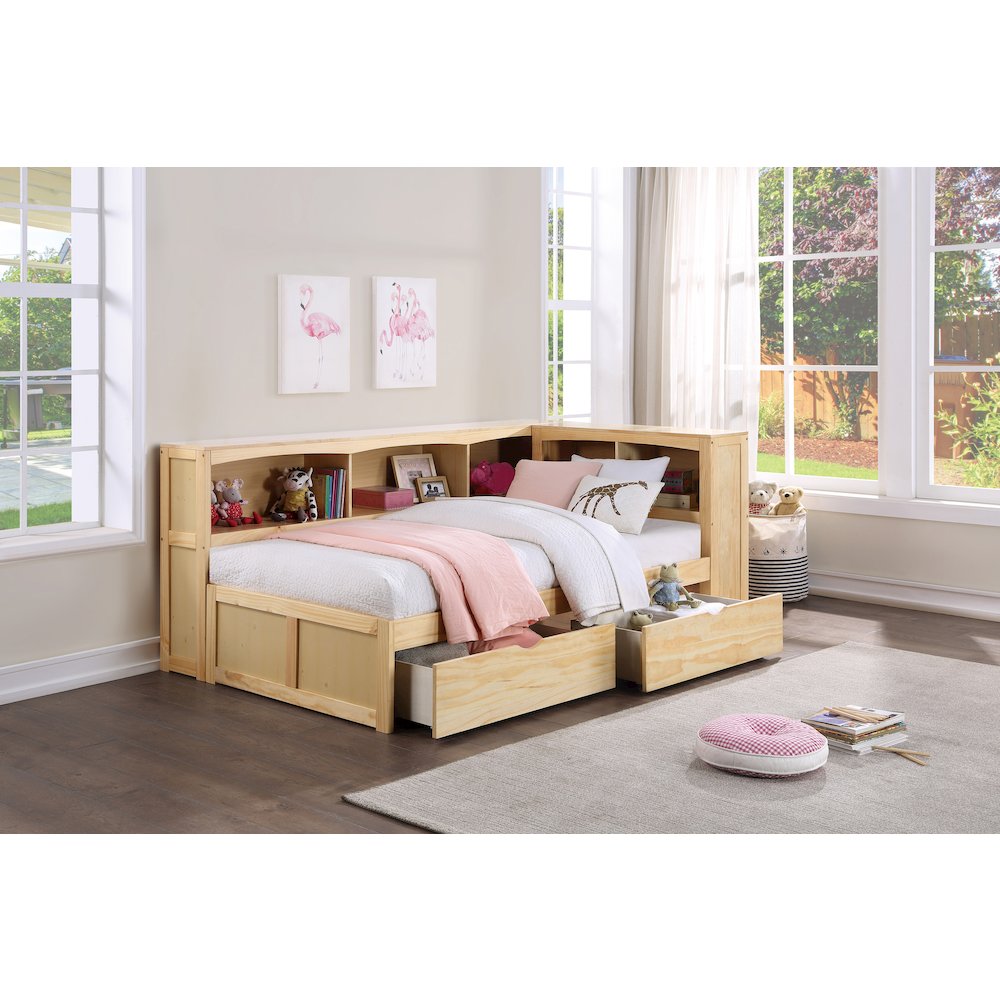 Bartly Pine Twin Bookcase Corner Bed with Storage Boxes in Natural Pine. Picture 2