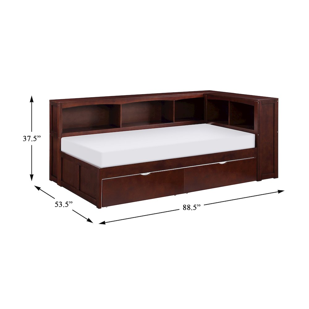 Rowe Pine Twin Bookcase Corner Bed with Storage Boxes in Dark Cherry. Picture 3