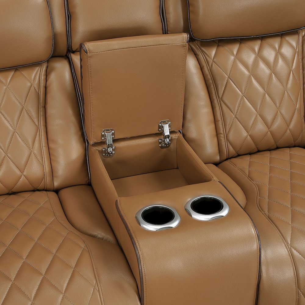 Fairway Faux Leather Power Double Reclining Love Seat in Brown. Picture 12