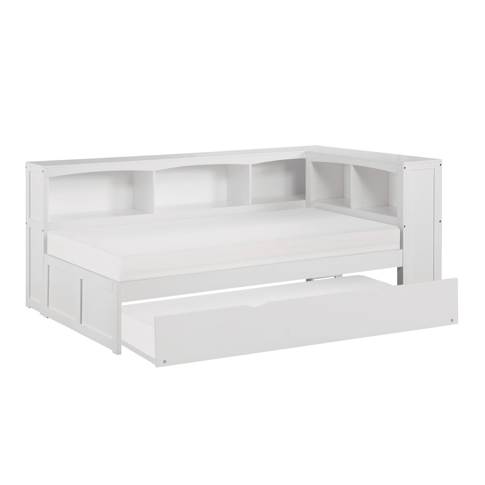 Galen Pine Twin Bookcase Corner Bed with Twin Trundle in White. Picture 5
