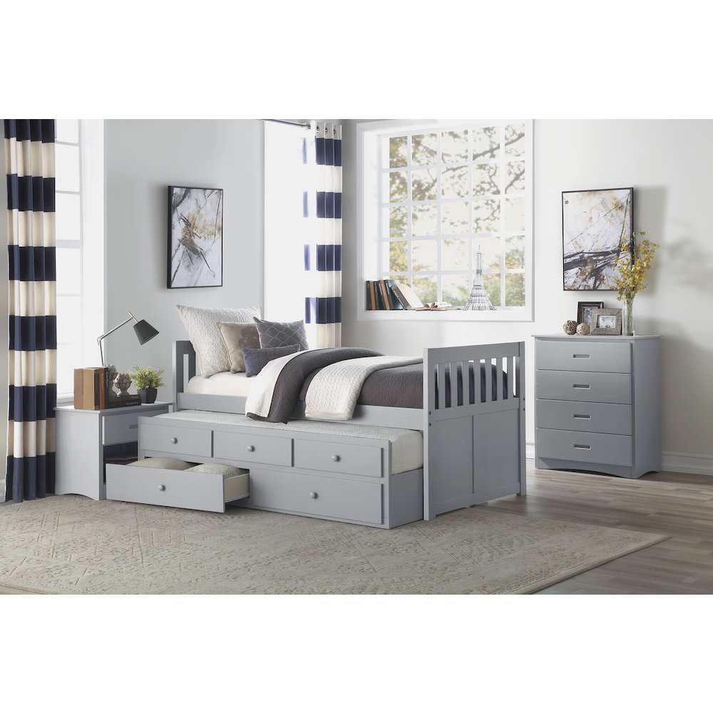 Orion Pine Twin Over Twin Trundle Bed with two Storage Drawers in Gray. Picture 4