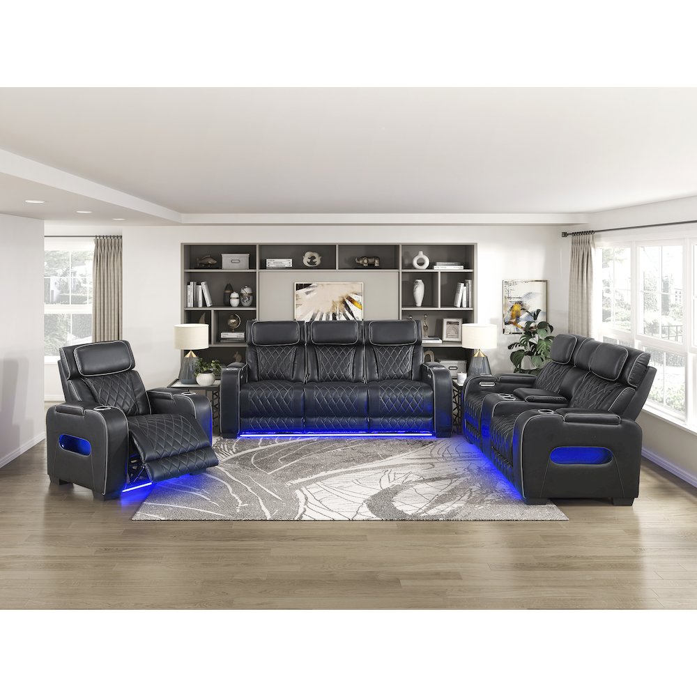 Fairway Faux Leather Power Double Reclining Love Seat in Black. Picture 4