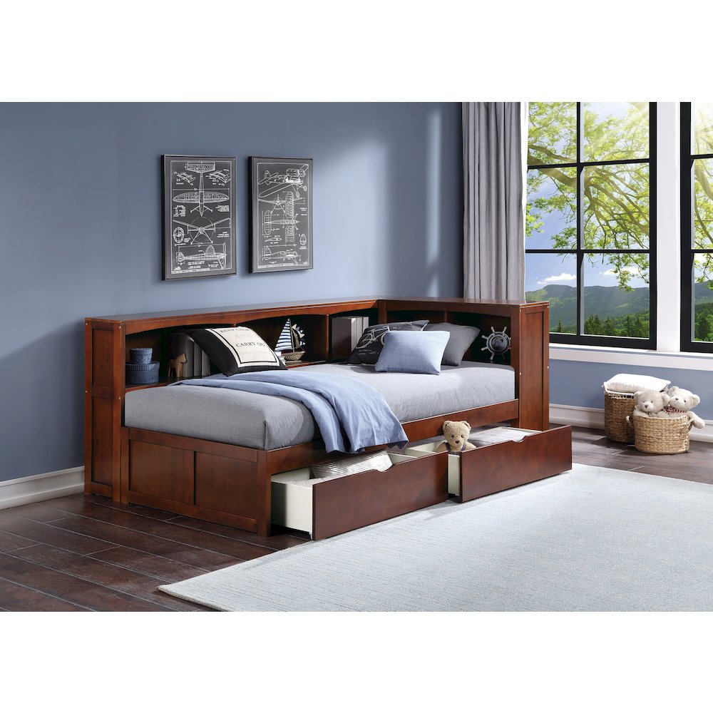 Rowe Pine Twin Bookcase Corner Bed with Storage Boxes in Dark Cherry. Picture 2