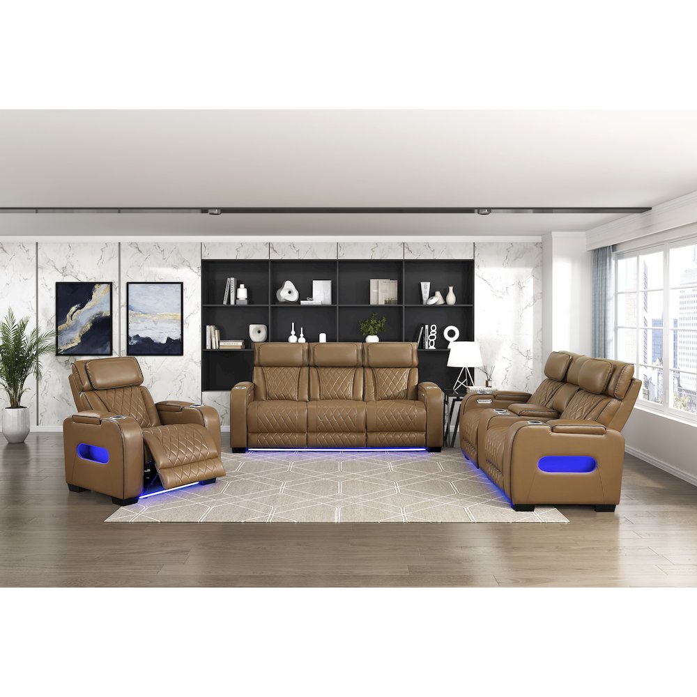 Fairway Faux Leather Power Double Reclining Love Seat in Brown. Picture 4