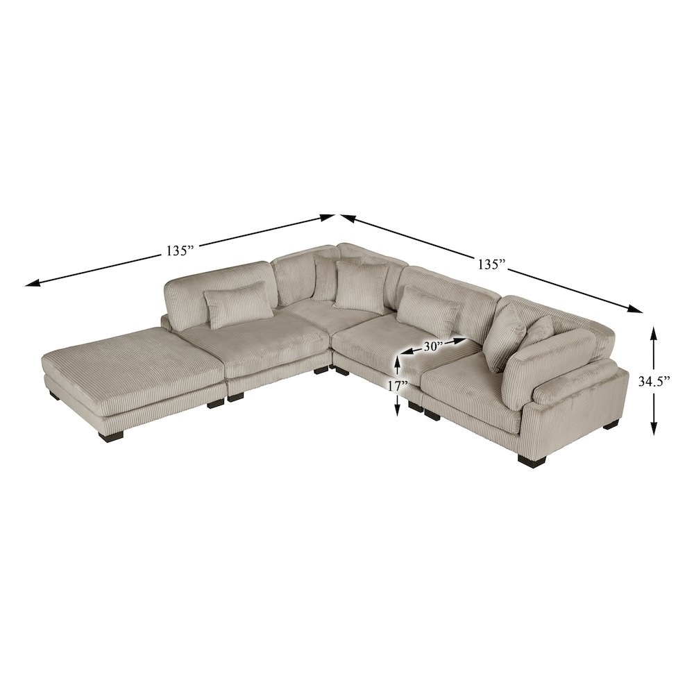 Traverse Corduroy 5-Piece Modular Sectional with Ottoman in Taupe. Picture 7