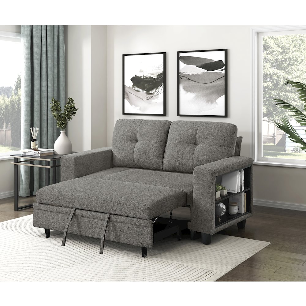 Robinson Boucle Love Seat with Pull-out Bed, Shelves in Dark Brown. Picture 7