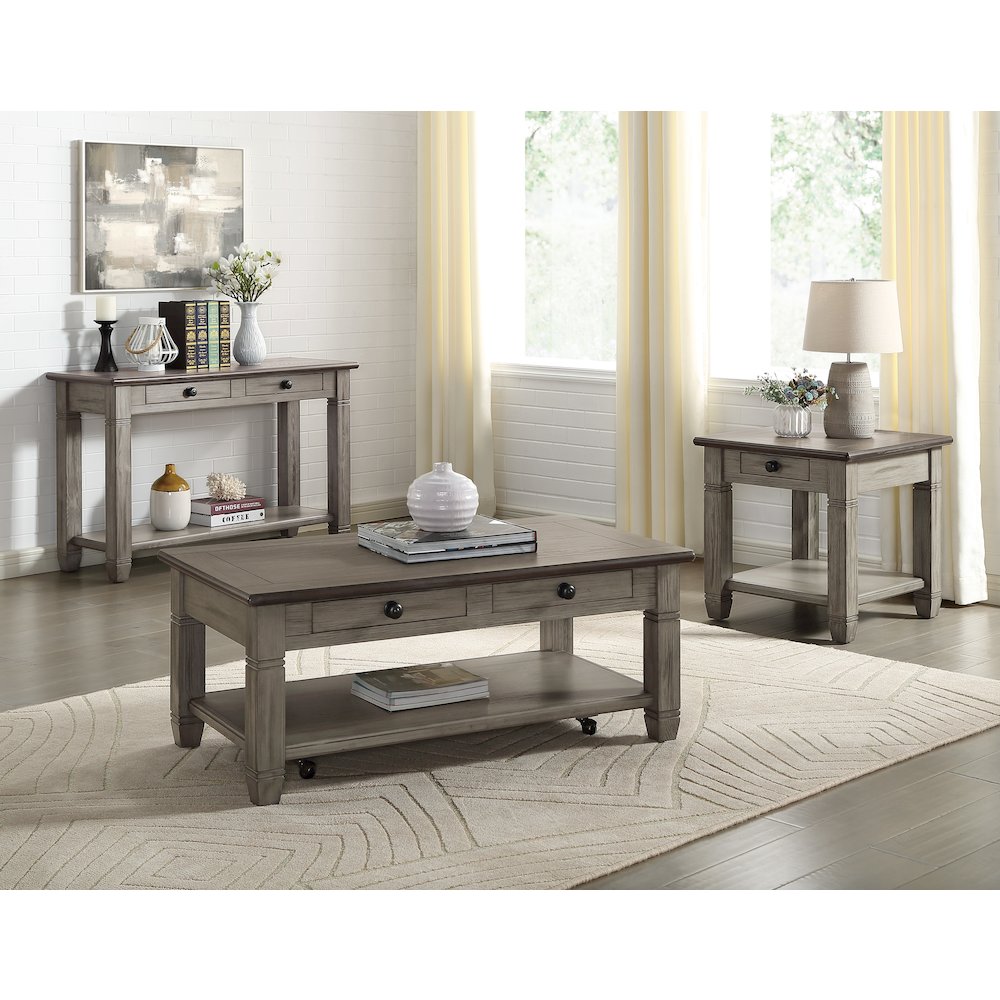 Granby Pine Sofa Table in 2-Tone Finish (Coffee and Antique Gray). Picture 3