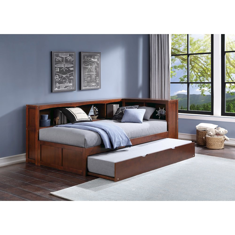 Rowe Pine Twin Bookcase Corner Bed with Twin Trundle in Dark Cherry. Picture 2
