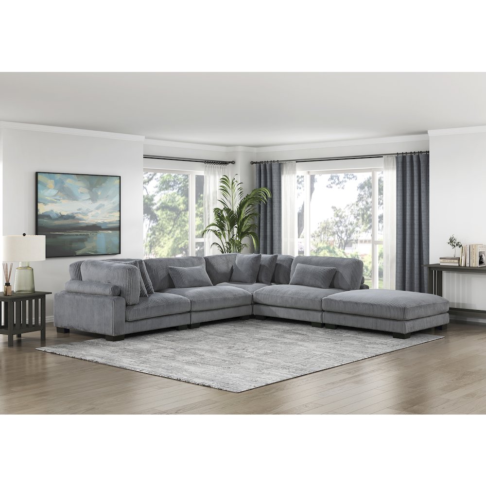 Traverse Corduroy 5-Piece Modular Sectional with Ottoman in Gray. Picture 4