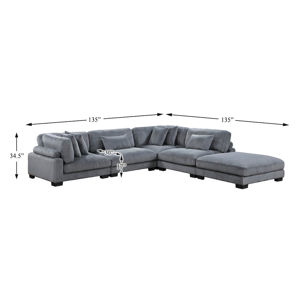 Traverse Corduroy 5-Piece Modular Sectional with Ottoman in Gray. Picture 7