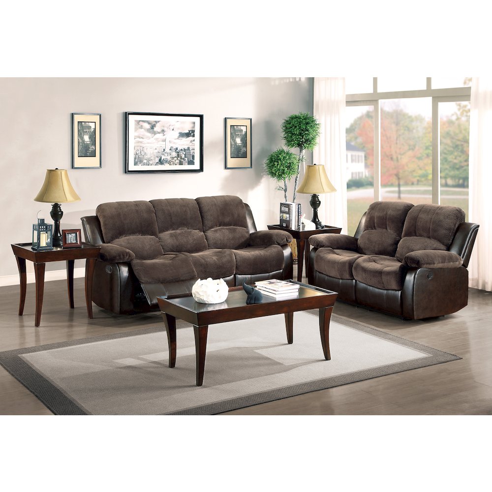Cranley Faux Leather Double Reclining Loveseat in Chocolate. Picture 3