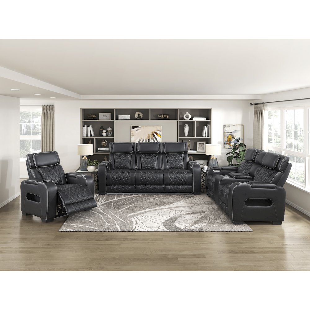 Fairway Faux Leather Power Double Reclining Love Seat in Black. Picture 2