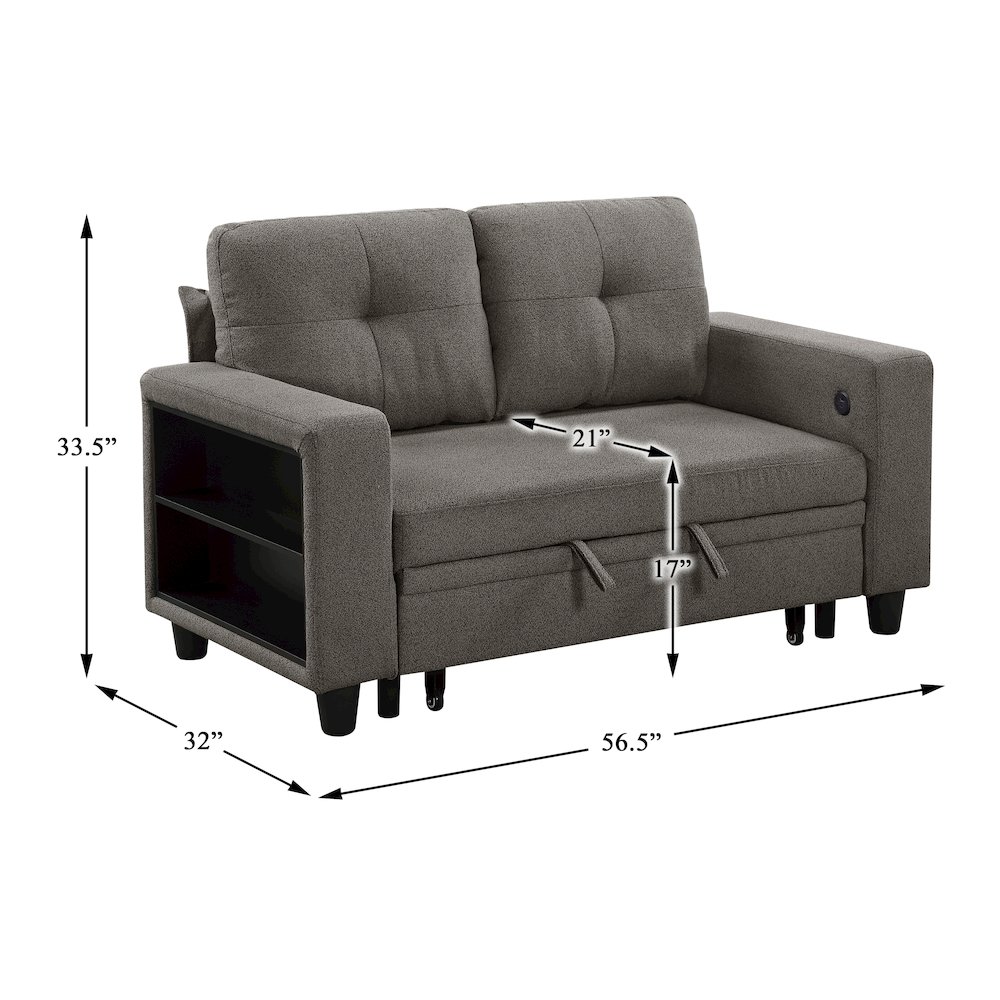 Robinson Boucle Love Seat with Pull-out Bed, Shelves in Dark Brown. Picture 10