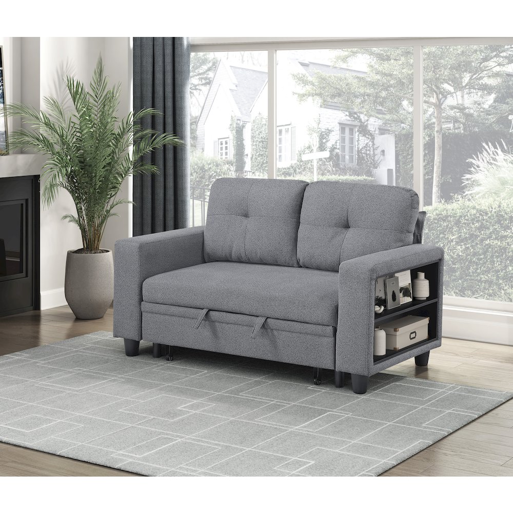 Robinson Boucle Love Seat with Pull-out Bed, Shelves in Gray. Picture 3