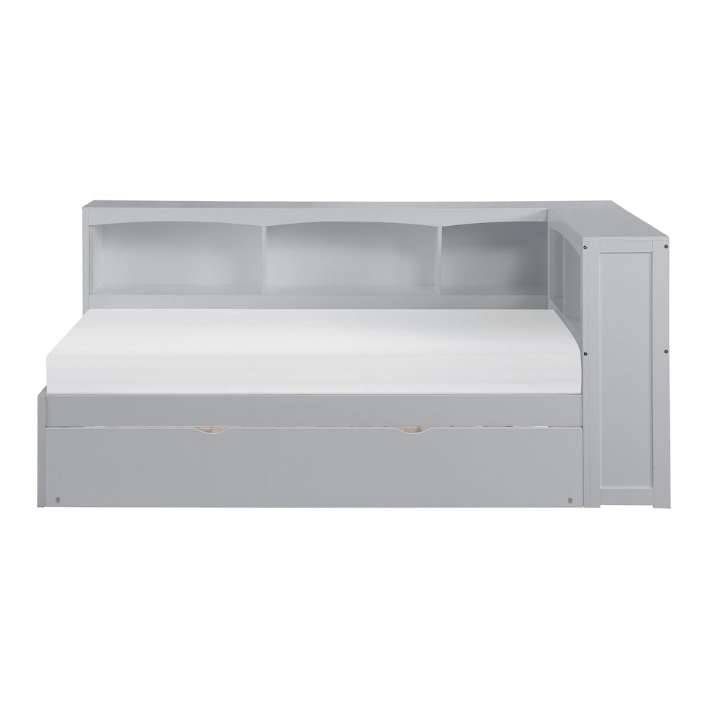 Orion Pine Twin Bookcase Corner Bed with Twin Trundle in Gray. Picture 4
