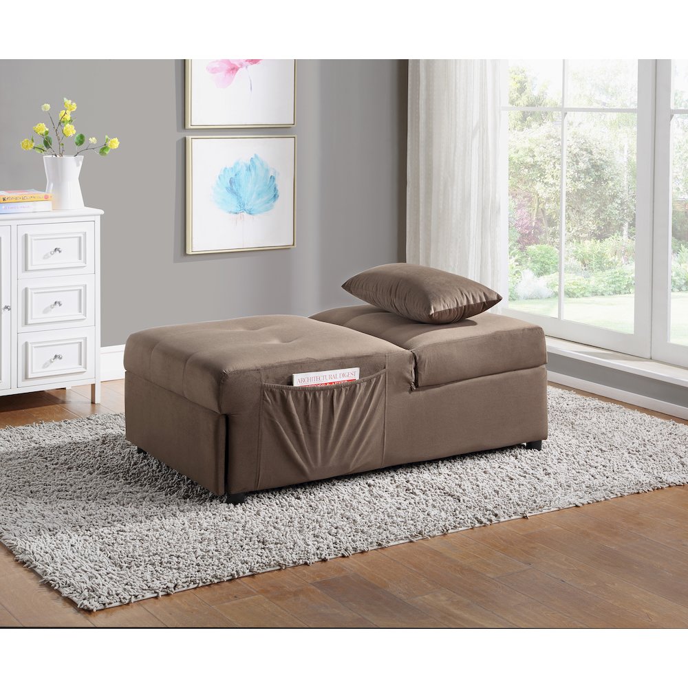 Garrell Velvet Storage Bench with Pull-Out Ottoman in Brown. Picture 6