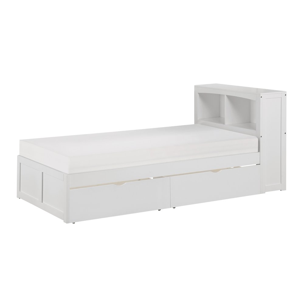 Galen Pine Twin Bookcase Bed with Storage Boxes in White. Picture 1
