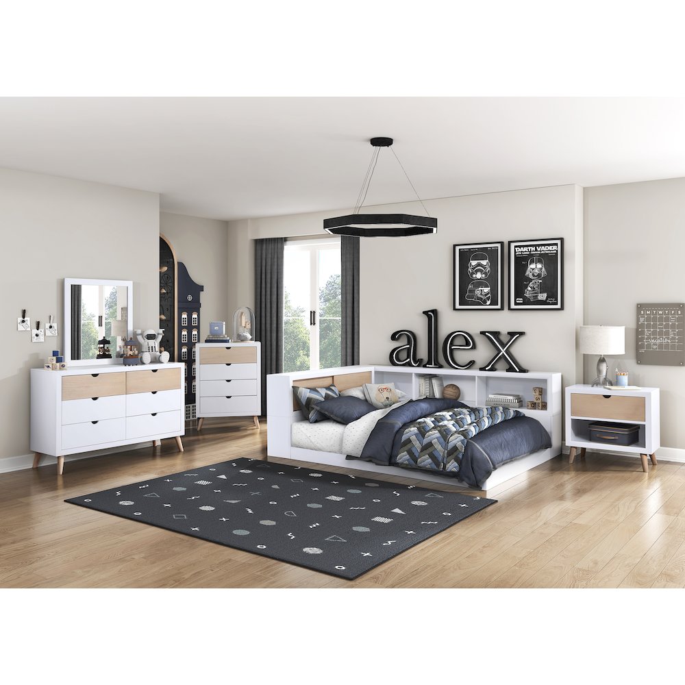 Asker A. Hardwood Full Bookcase Corner Bed in 2-Tone (White and Natural). Picture 5