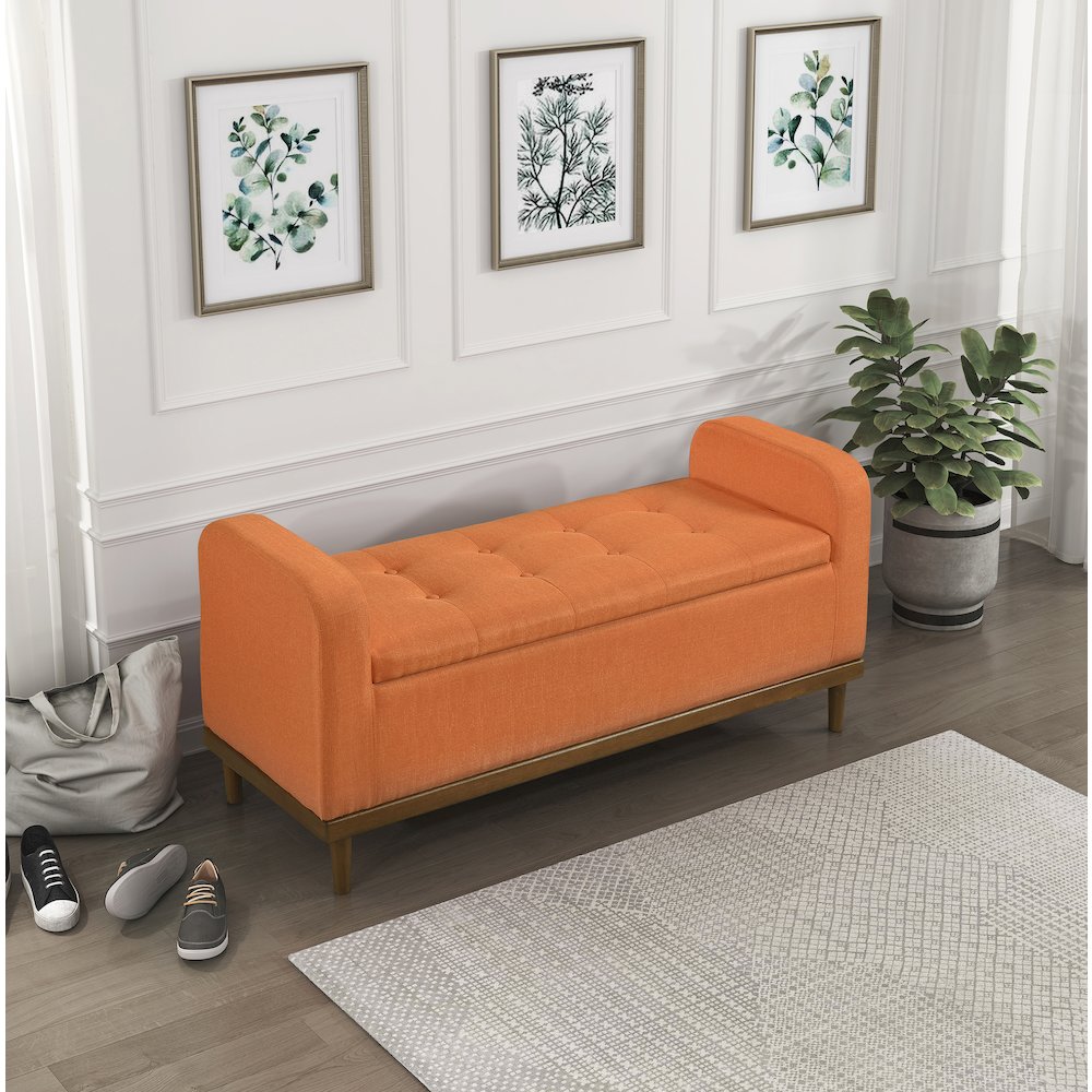 Brigitte Textured Lift Top Storage Bench in Orange. Picture 2