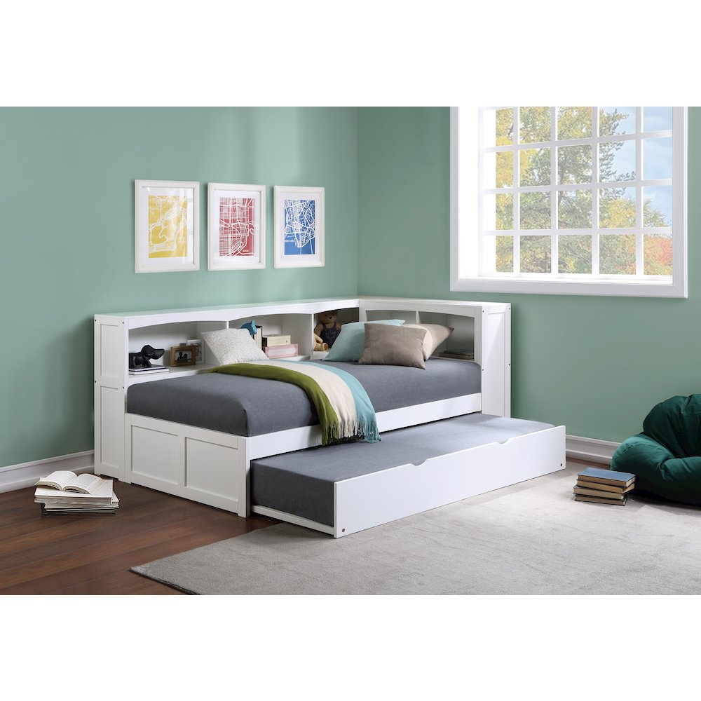 Galen Pine Twin Bookcase Corner Bed with Twin Trundle in White. Picture 2
