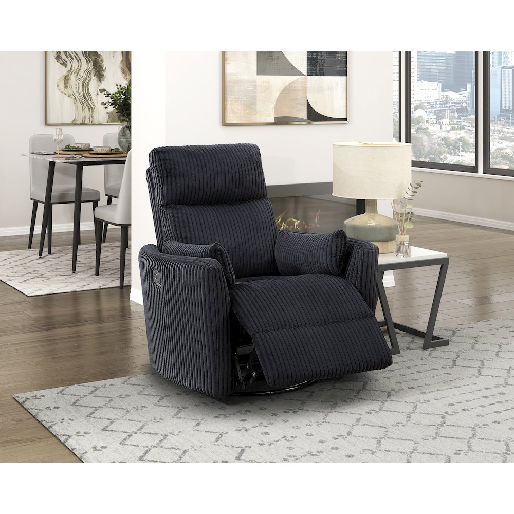 Traverse Corduroy Swivel Glider Reclining Chair in Black. Picture 3